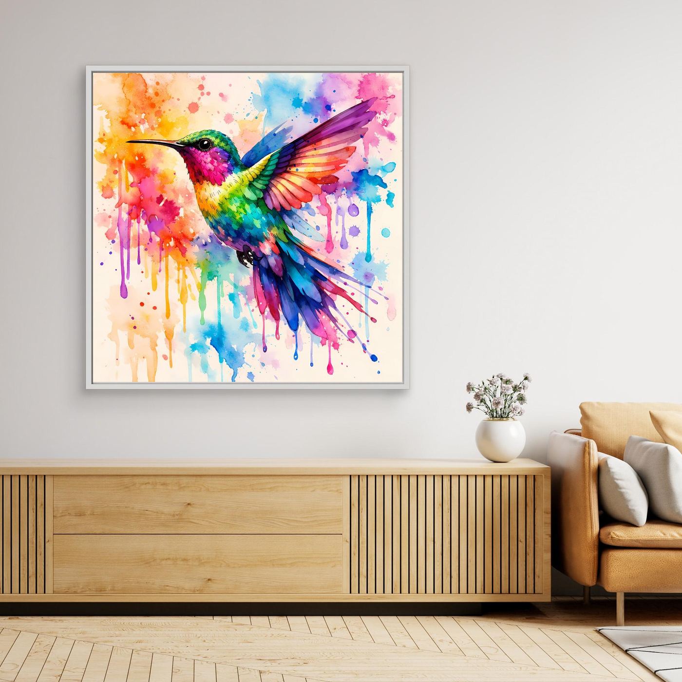 Leinwandbild mit buntem Kolibri-Aquarell, weißer Bilderrahmen.