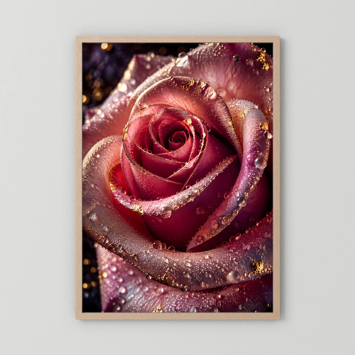 Hochformat-Poster mit roter Rose, Goldakzenten und Wassertropfen im hellen Holzrahmen