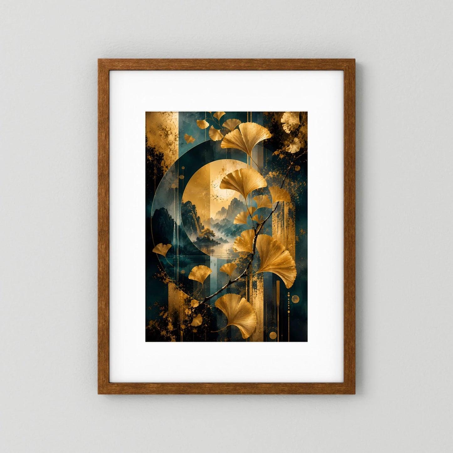 Ginkgo-Poster im Hochformat mit dunklem Holzrahmen und weißem Passepartout, goldene Blätter