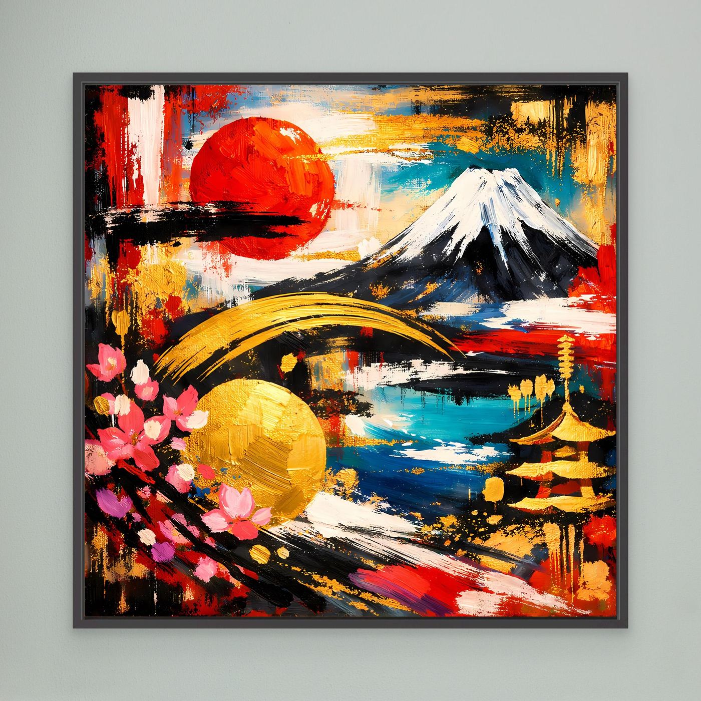 Leinwandbild mit abstraktem Fuji und Kirschblüten, roter Sonne und Farbspritzern im schwarzen Rahmen.