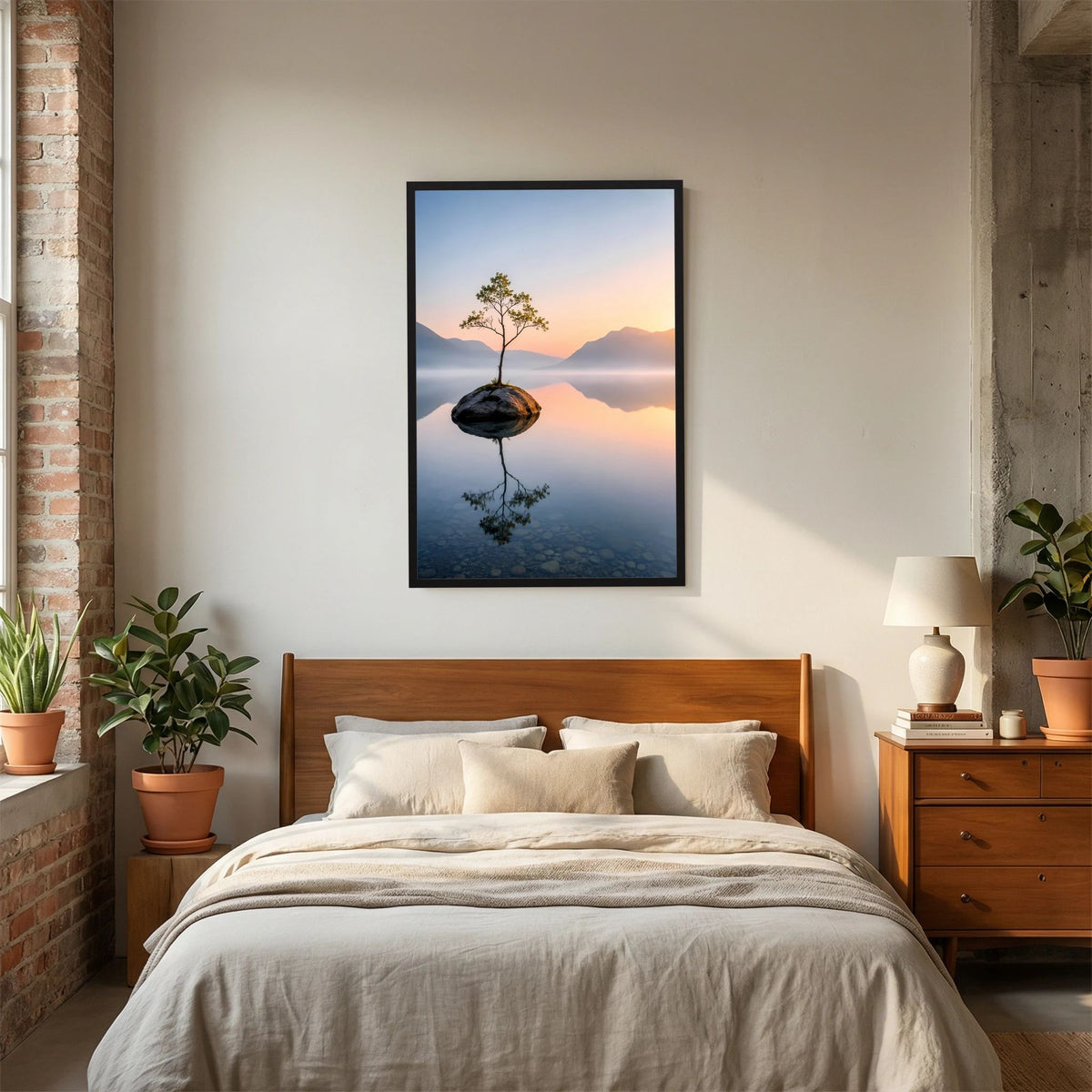 Schwarzer Rahmen: Hochformat-Kunstposter mit Baum auf Fels im Bergsee, Sonnenaufgang.