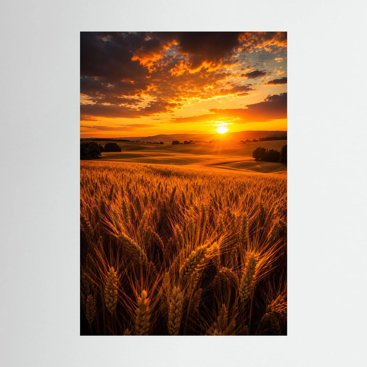 Hochformatiges Poster mit goldenem Weizenfeld und untergehender Sonne