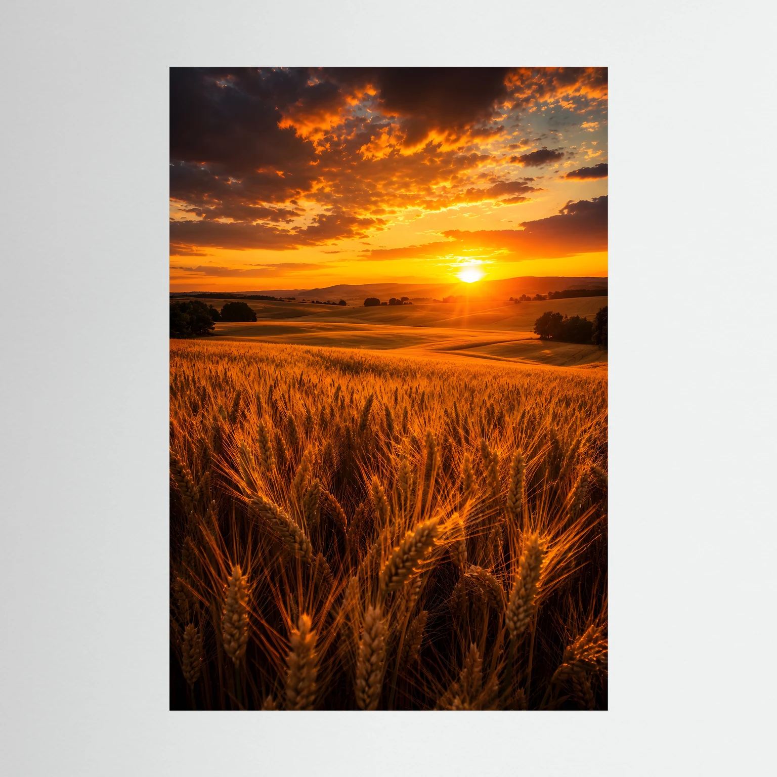 Hochformatiges Poster mit goldenem Weizenfeld und untergehender Sonne