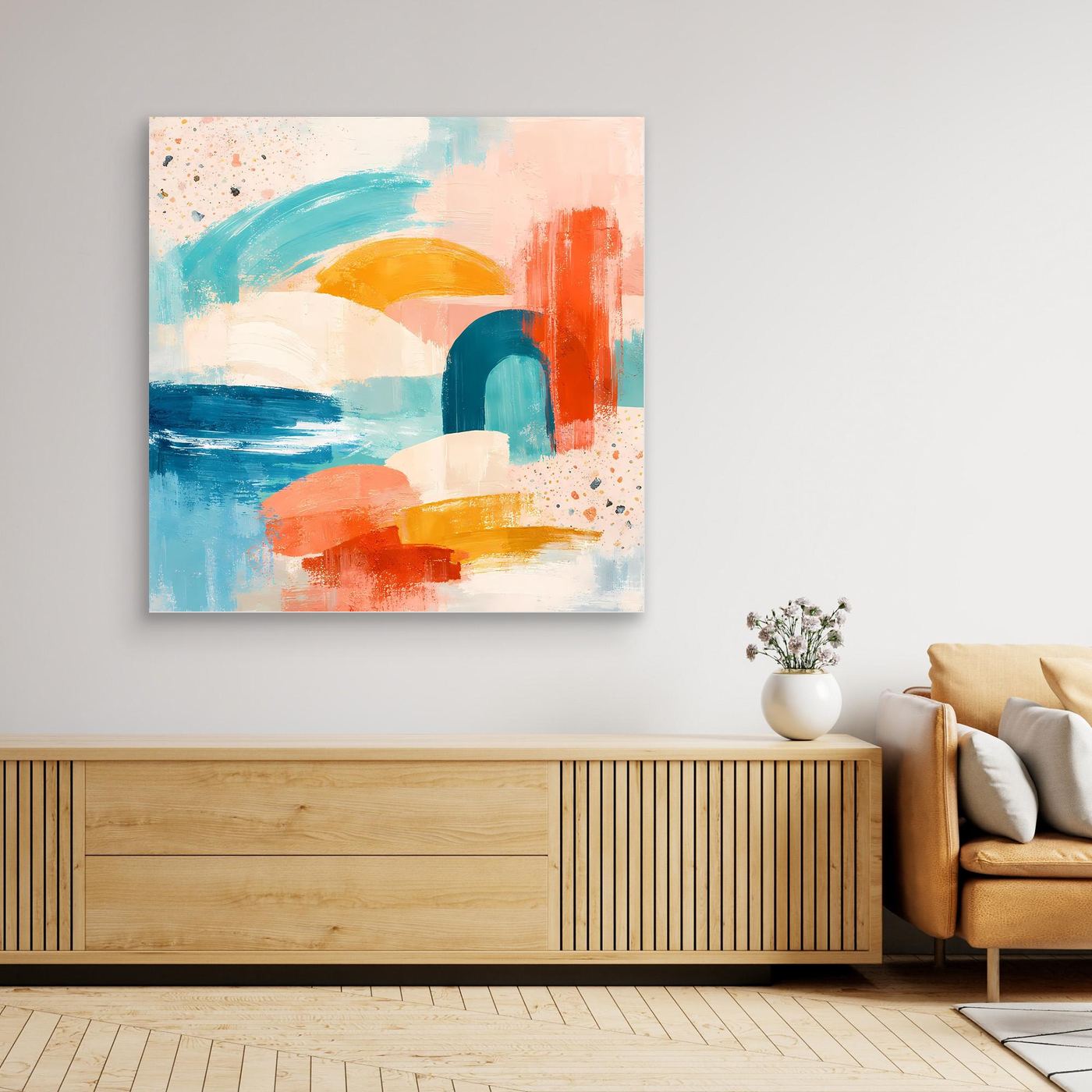 Abstract canvas wall art with pastel geometric shapes and terrazzo texture