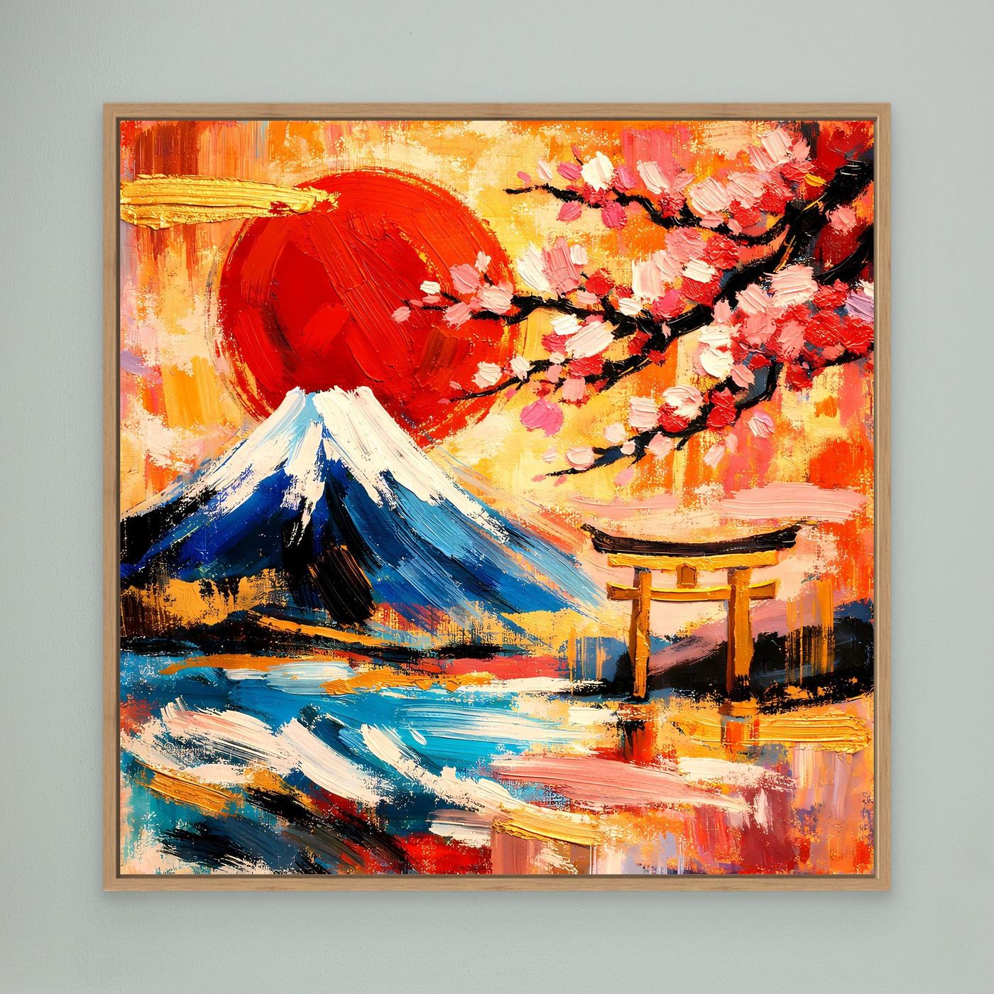 Leinwandbild mit Berg Fuji, rotem Torii und Kirschblüten, abstrakt, Holzrahmen