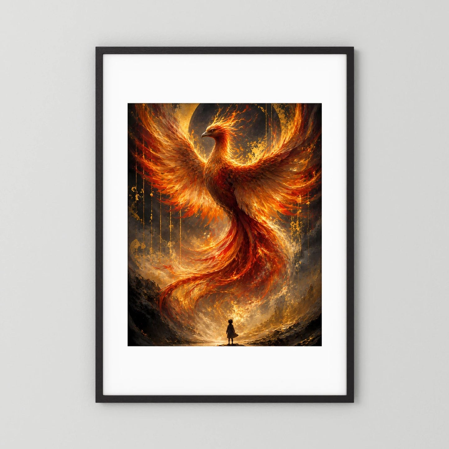 Hochformatiges Poster mit Phönix aus Feuer in Gold und Orange, schwarzer Rahmen