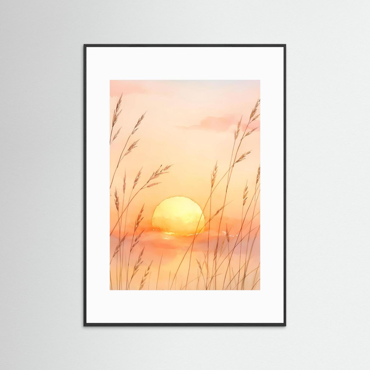 Gerahmtes Poster mit Sonnenuntergang und Gräsern im Aquarellstil, weißer Rahmen