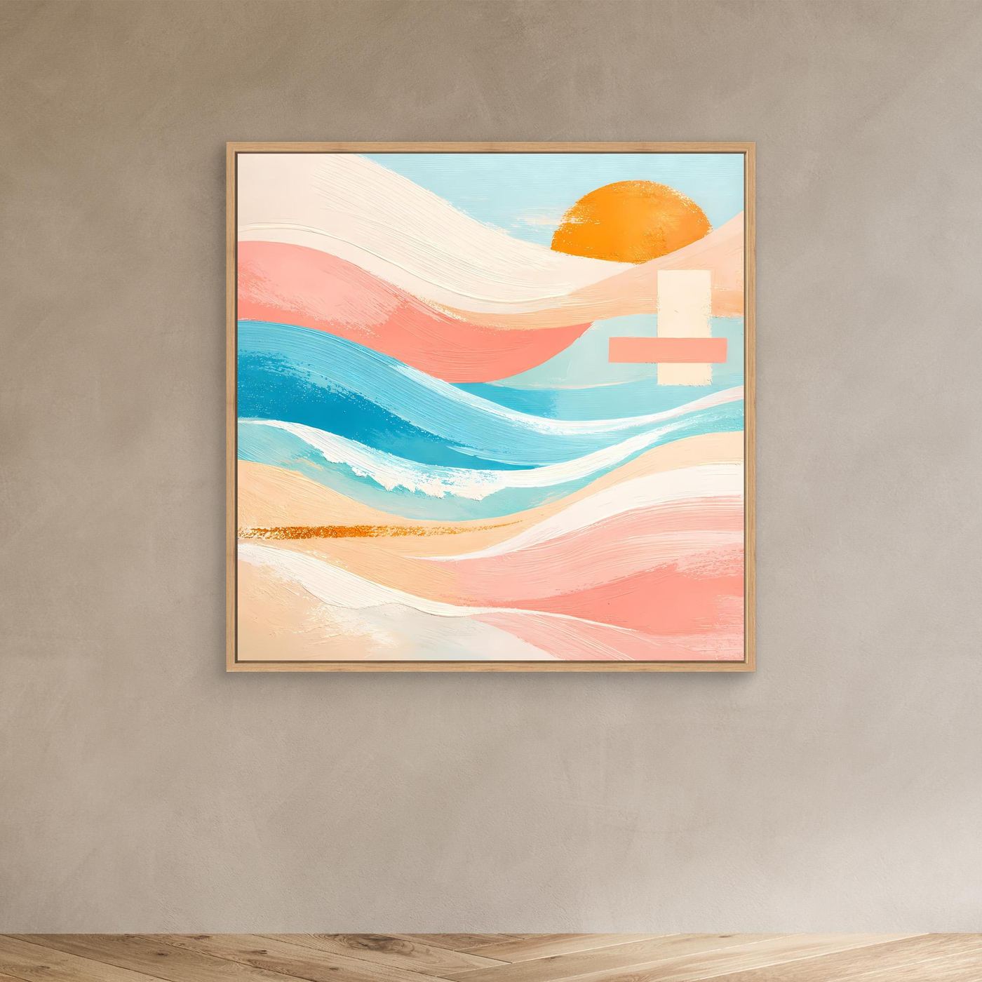 Abstraktes Leinwandbild mit Meer- und Sonnenmotiv im hellen Holzrahmen, Pastellfarben