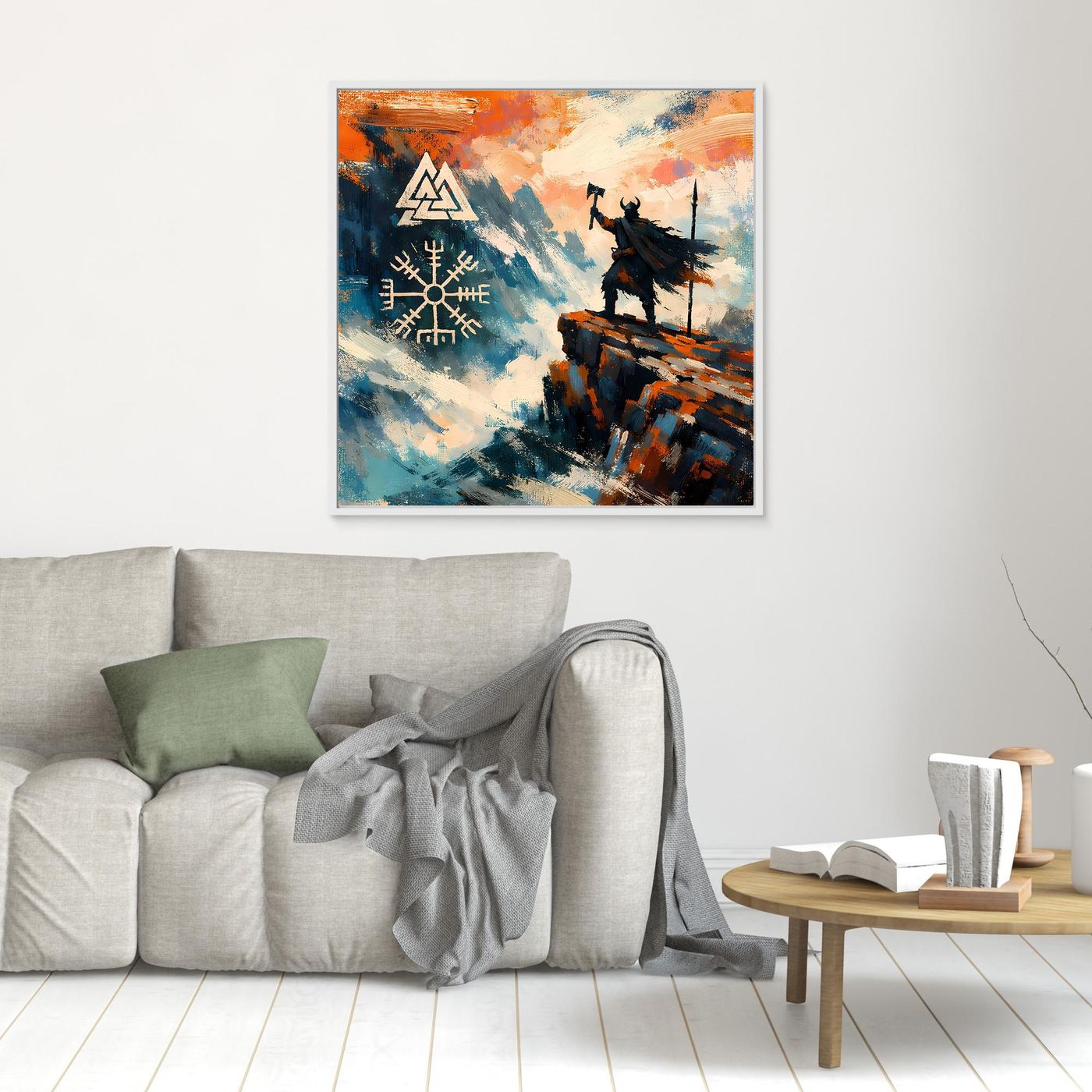 Kleines, hell gerahmtes Leinwand-Wandbild mit Vegvisir-Symbol und Wikingerkrieger