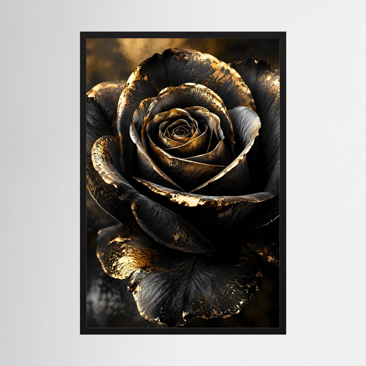 Hochformatiges Poster mit schwarzer Rose und goldenen Akzenten im schwarzen Rahmen