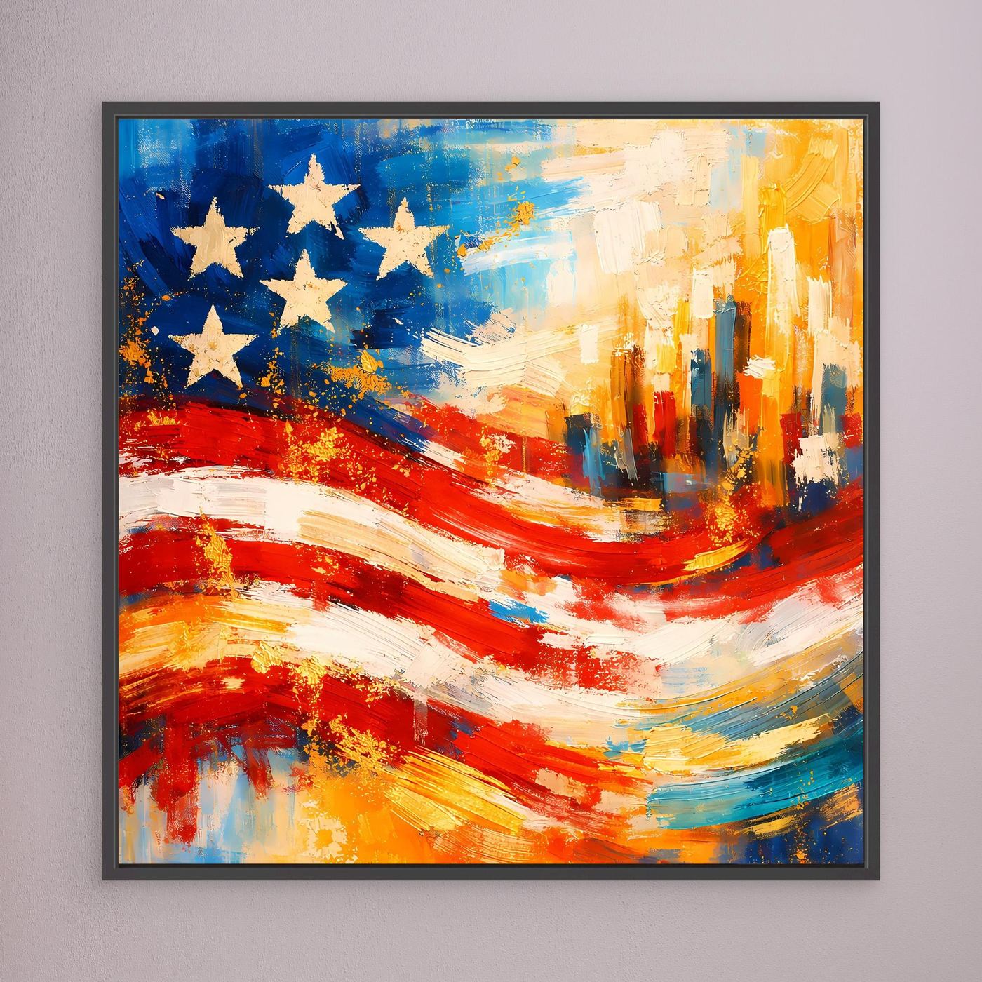 Abstraktes Leinwandbild US-Flagge mit Skyline-Anstrich in Gold, rote Streifen, schwarzer Rahmen