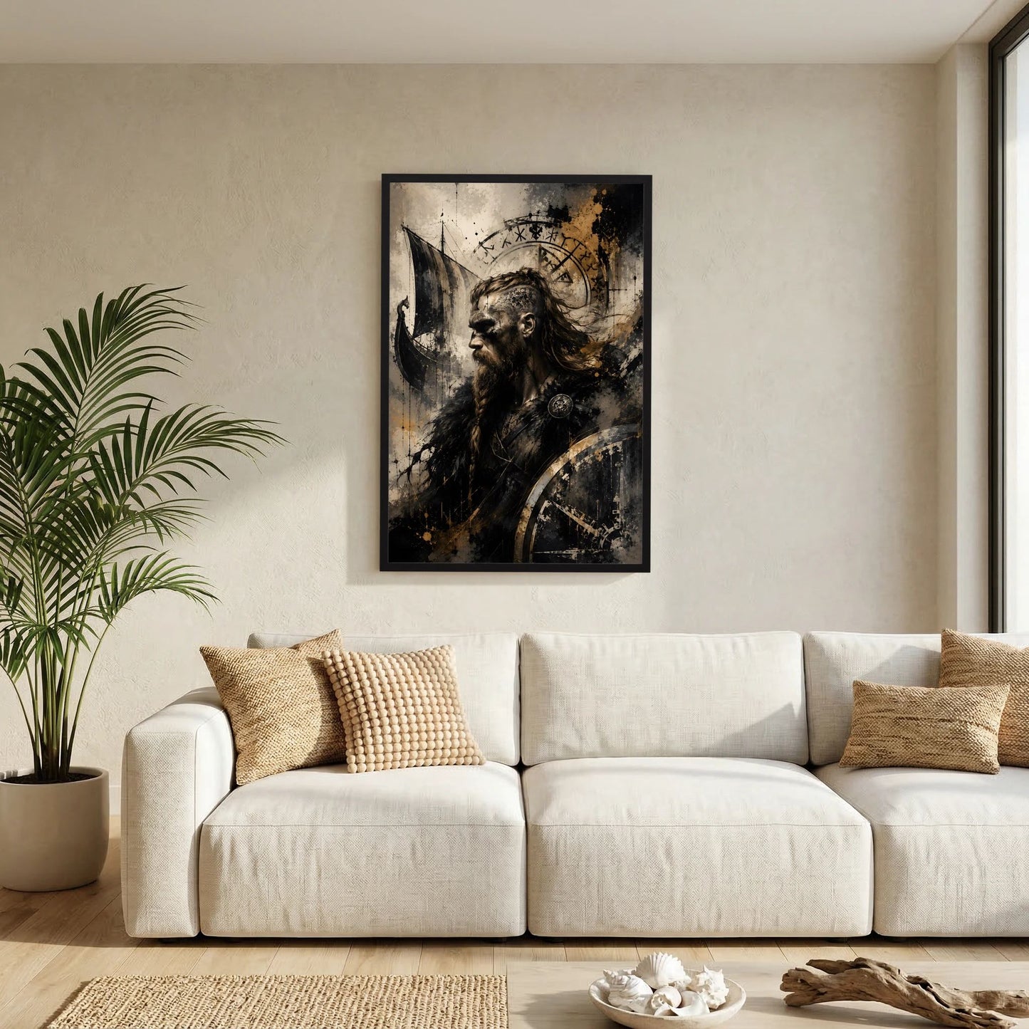 Kunstposter mit Wikingerporträt, Runenkreis und Langschiff-Segel im schwarzen Rahmen