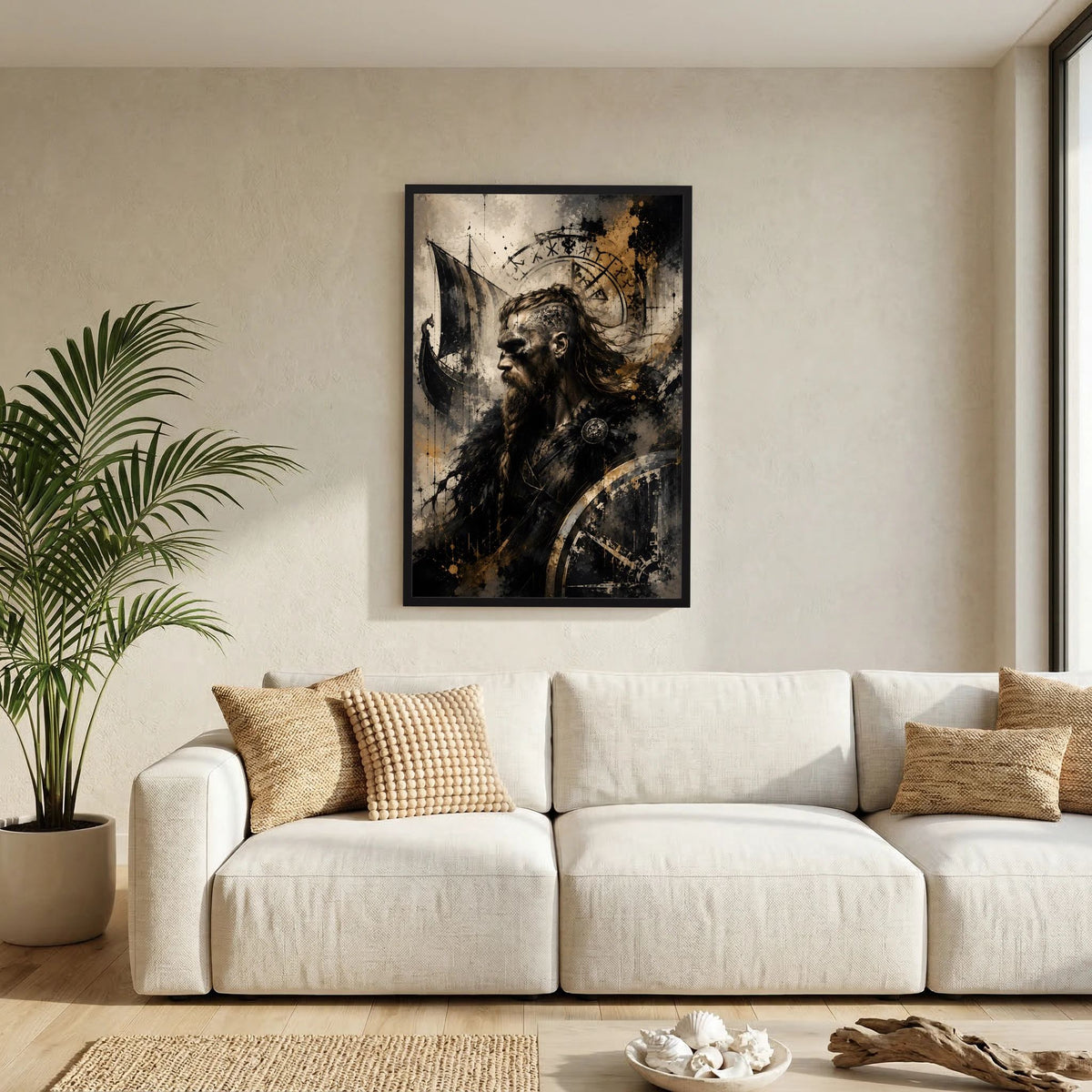 Kunstposter mit Wikingerporträt, Runenkreis und Langschiff-Segel im schwarzen Rahmen