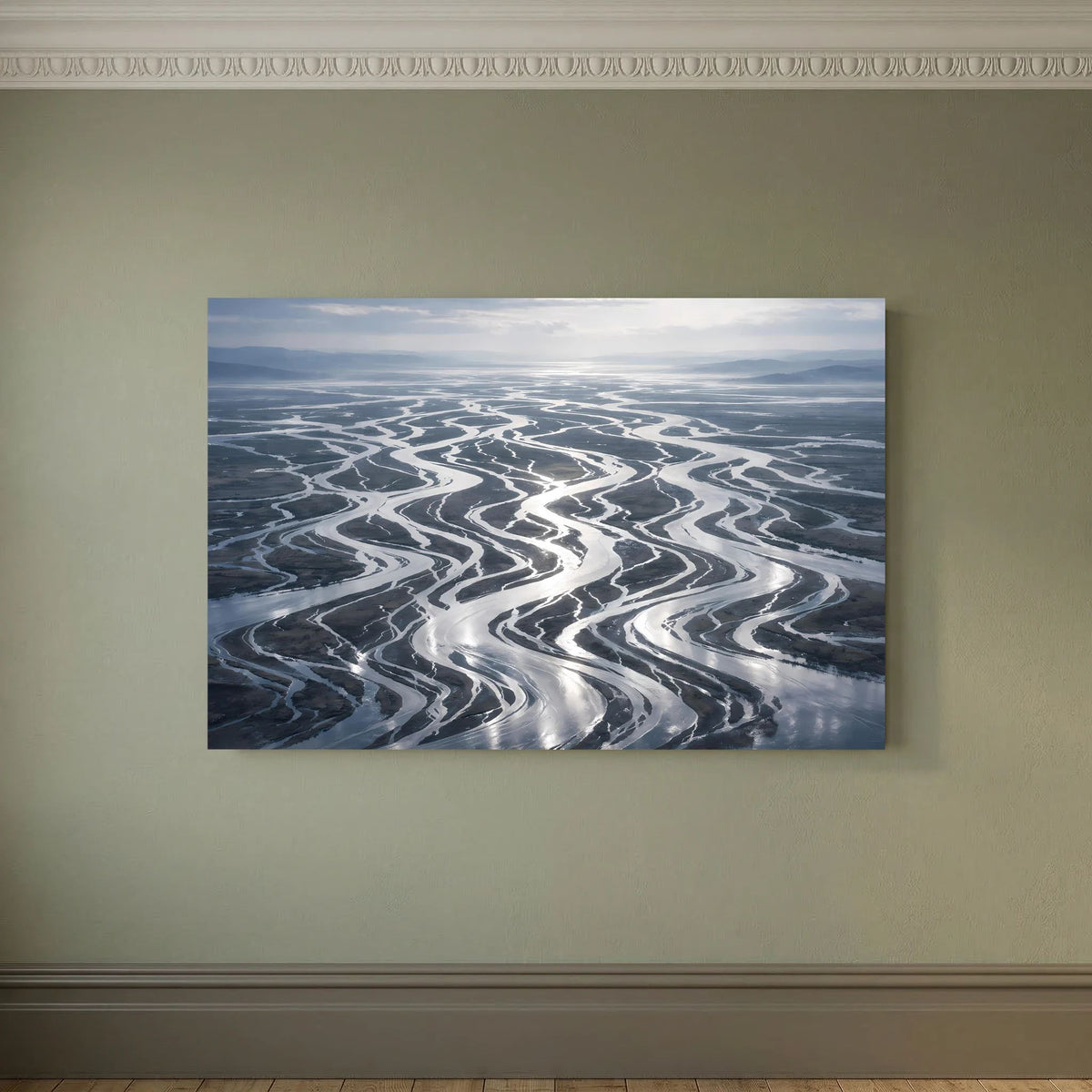 Wandbild Flussdelta aus Vogelperspektive, quer, rechteckig an der Wand