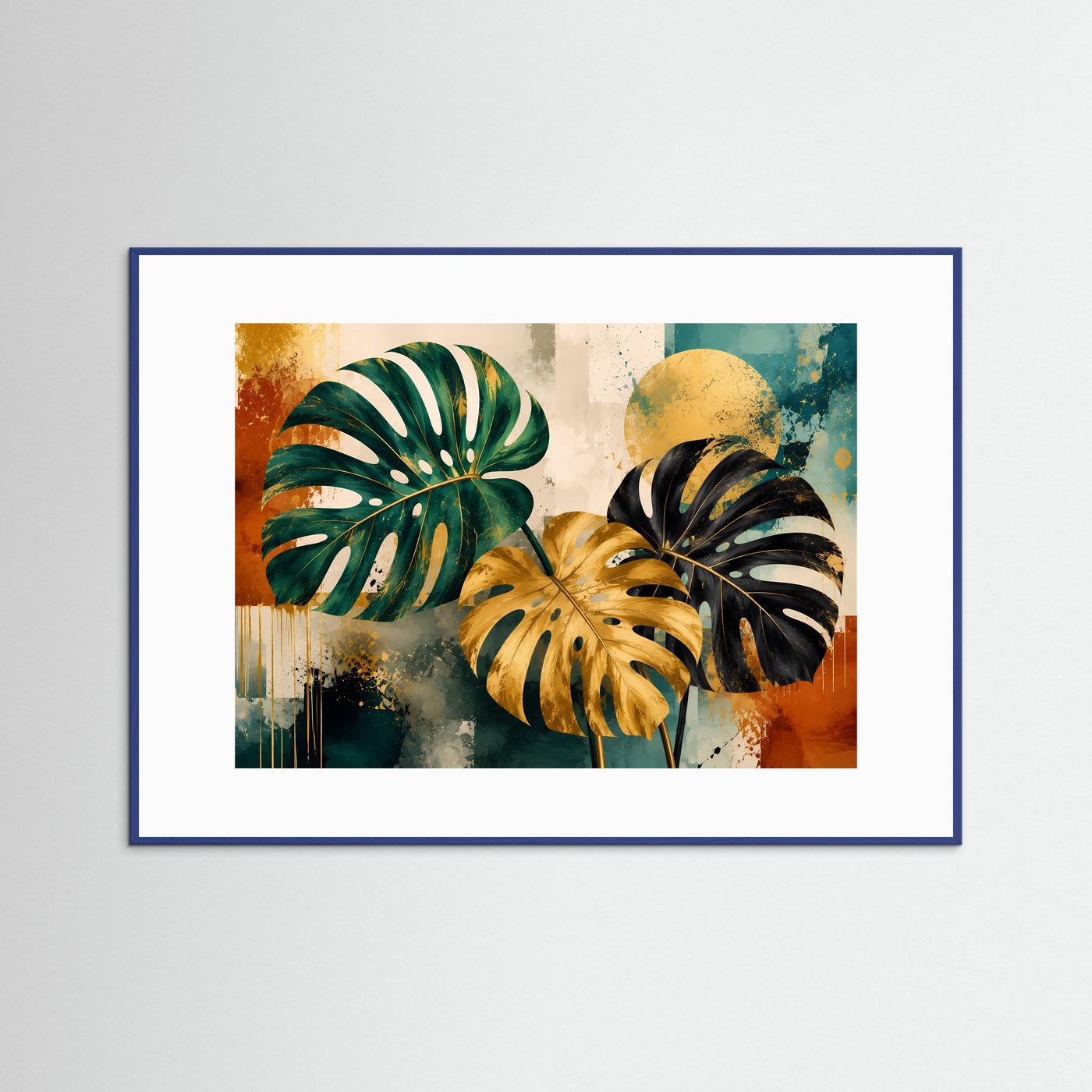 Luxuriöse Monstera Blätter in Grün, Gold & Schwarz | Abstrakte Botanische Kunst – Modernes Poster Querformat