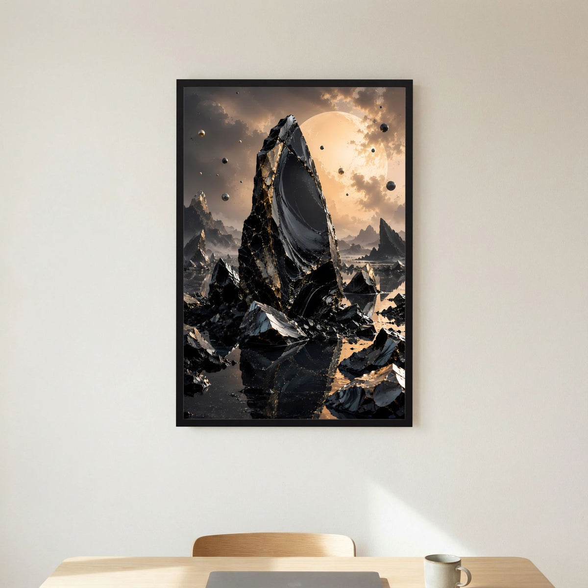 Gerahmtes Hochformat-Poster: schwarze Gesteinsformation vor goldenem Mond