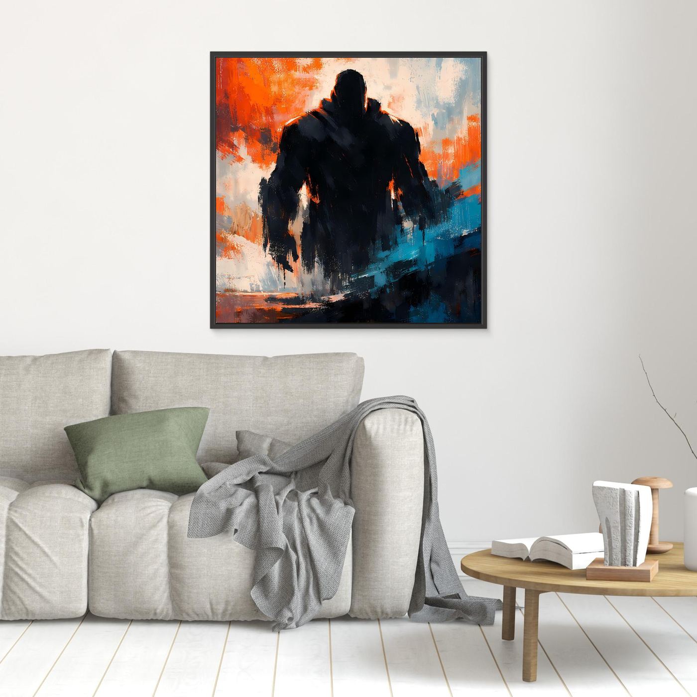 Kleines Leinwandbild mit dunkler Silhouette, orange-blau abstrakt, schwarzer Rahmen
