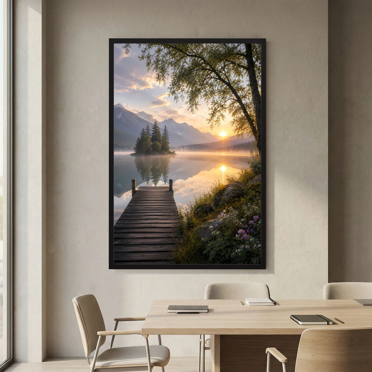 Bergsee mit Holzsteg | Sonnenuntergang in ruhiger Berglandschaft | Poster Hochformat