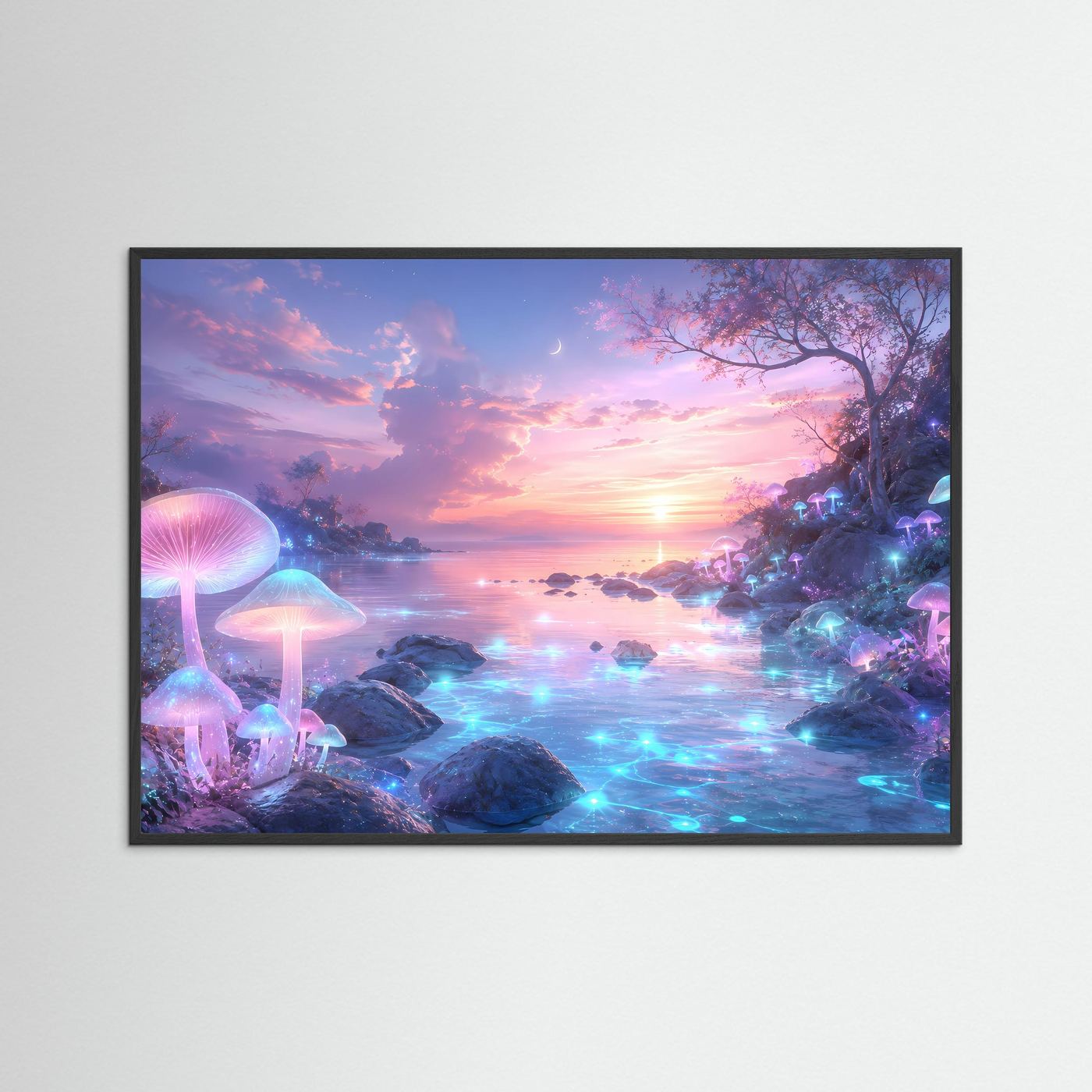 Magischer Pilzwald Poster | Fantasie Landschaft Wandkunst | Leuchtende Pilze am Traumsee | Mystische Fantasy Wall Art | Premium Leinwandbild