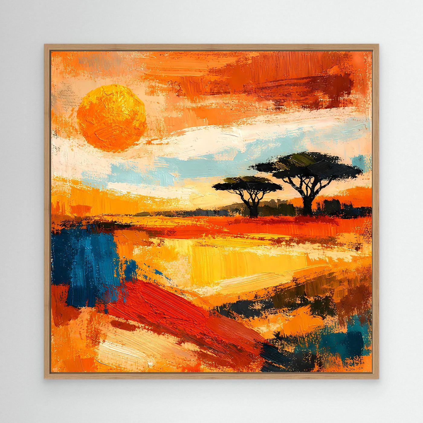 Abstract landscape wall art with orange sunset, sun disc, and acacia silhouettes in a wood frame.