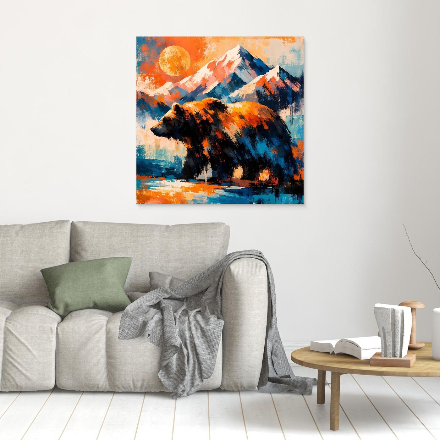 Leinwand-Wandbild mit abstraktem Grizzlybär und Berglandschaft; schmaler Holzrahmen.
