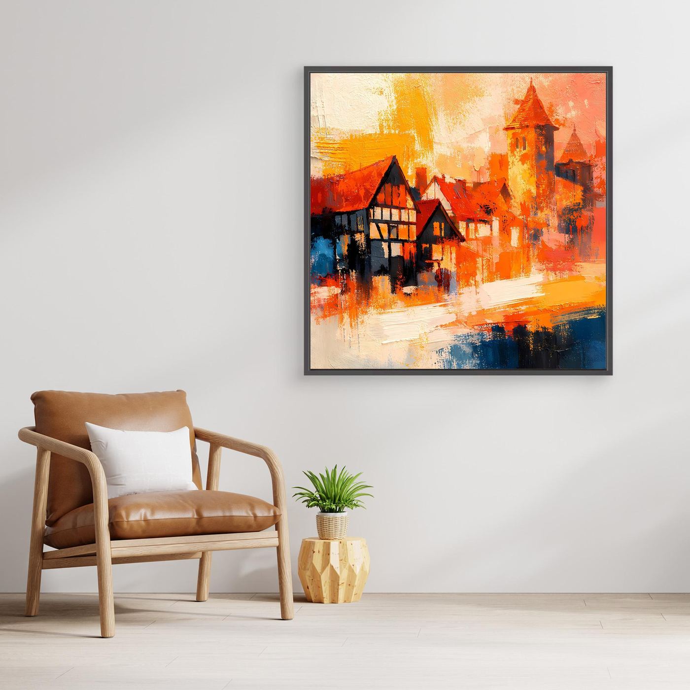 Premium Leinwand Romantische Altstadt im Farbenrausch | Modernes Fachwerk Wandbild abstrakt