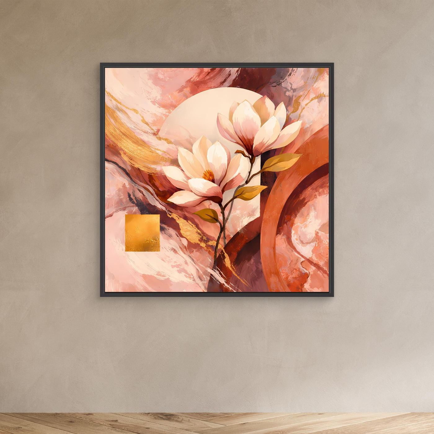 Florales Leinwandbild mit Magnolienblüten, schwarzer Rahmen, Rosa-Orange mit Goldakzent
