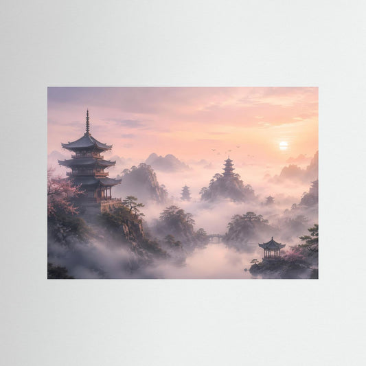 Querformat-Poster mit asiatischer Pagodenlandschaft in Pastellrosa und Morgennebel