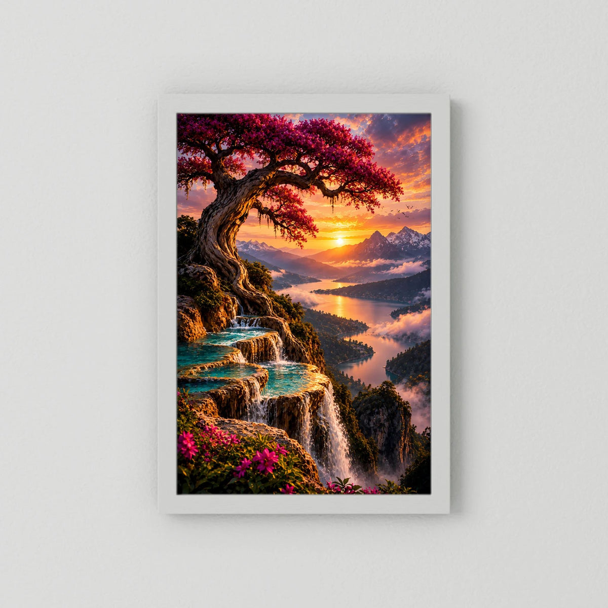 Magischer Baum über Bergsee | Wasserfälle im Sonnenuntergang | Poster Hochformat