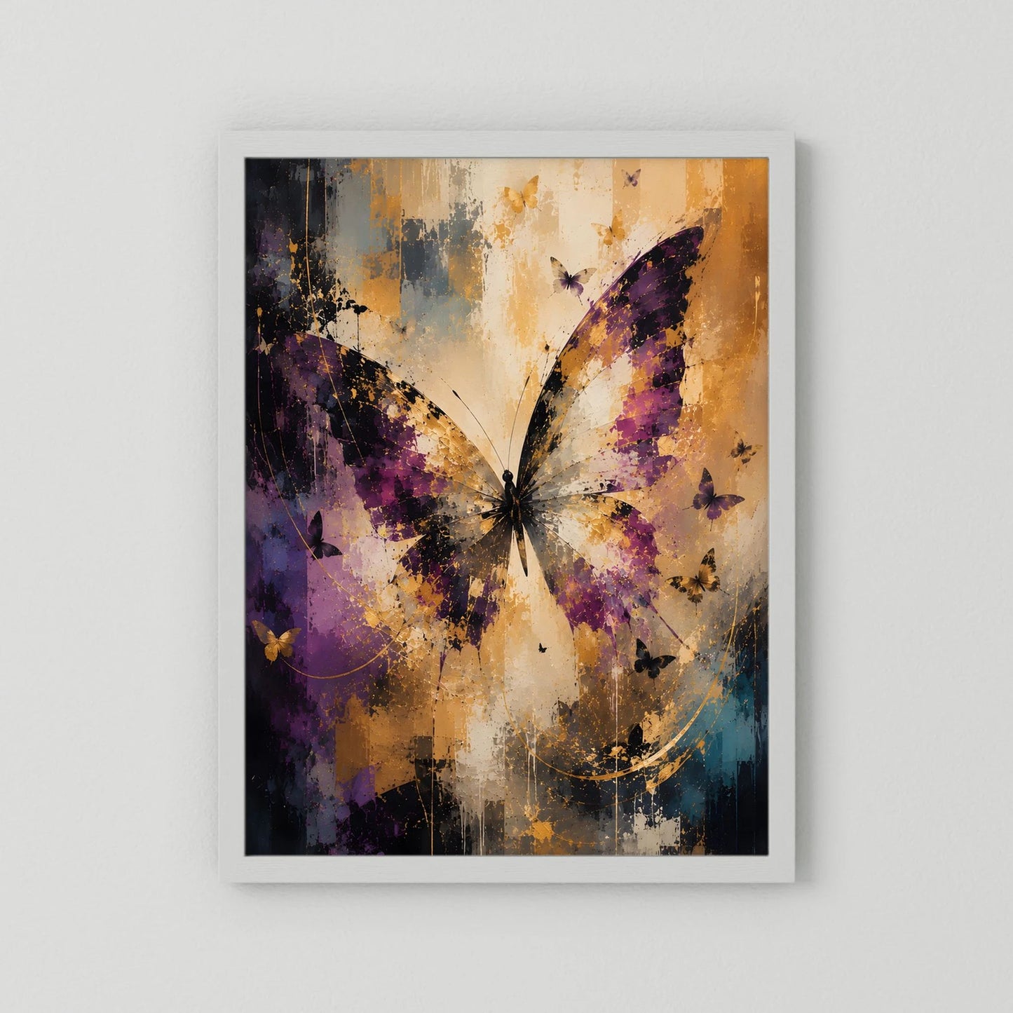 Hochformat-Kunstposter: abstrakte Schmetterlinge in Violett, Creme & Gold, weißer Rahmen