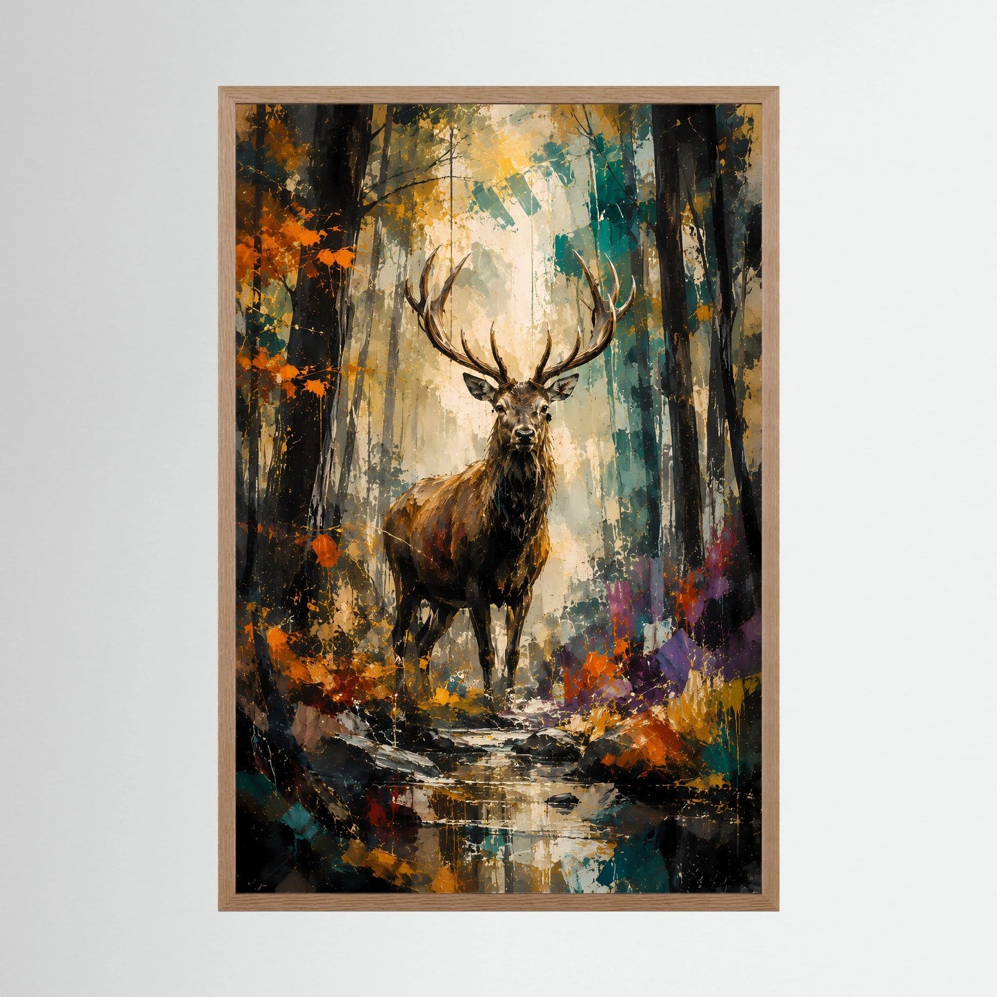 Majestätischer Hirsch | Abstrakte Waldkunst in Gold und Türkis | Poster Hochformat