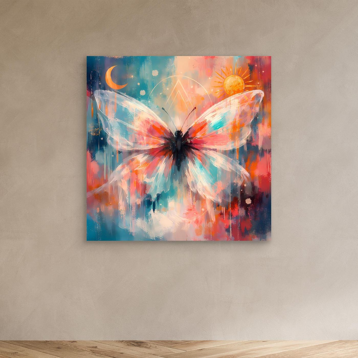 Leinwandbild mit großen Schmetterlingsflügeln, Sonne und Mond in bunten Farben