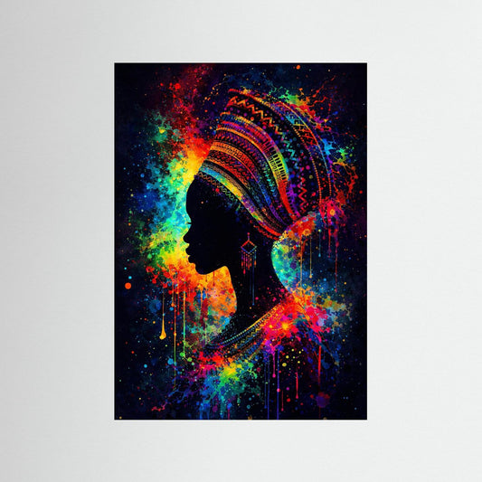 Poster Afrikanische Frau mit Kopfschmuck im Farbenrausch | Neon Graffiti Wandbild