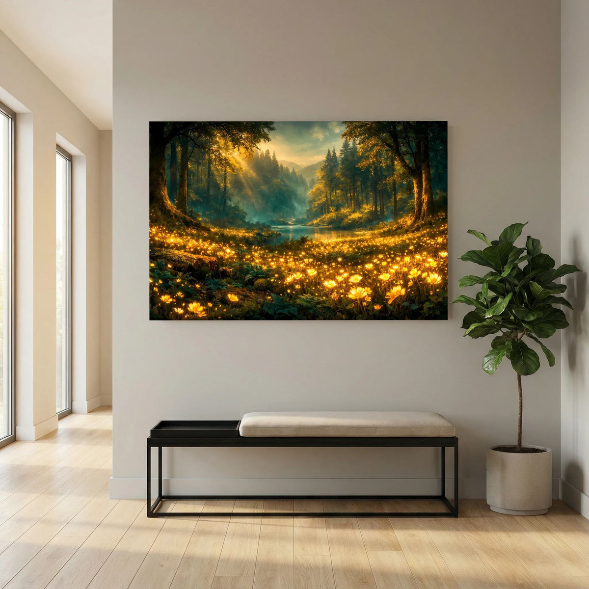 Querformatiges Wandbild mit goldenem Waldtal im Morgenlicht, Fluss und warmen Lichtgirlanden