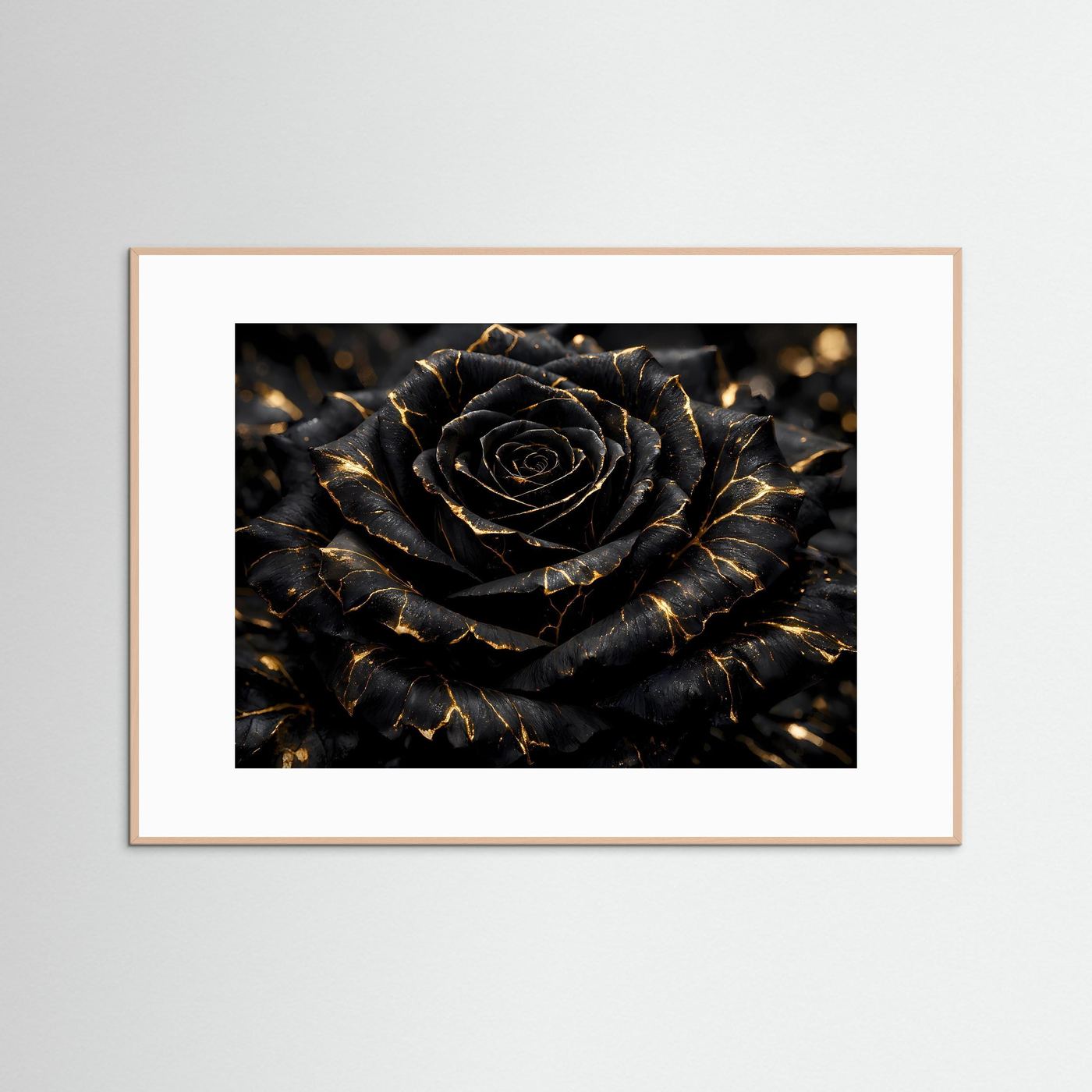 Wandposter: schwarze Rose mit goldenen Adern, beige/brauner Holzrahmen, weißer Rand