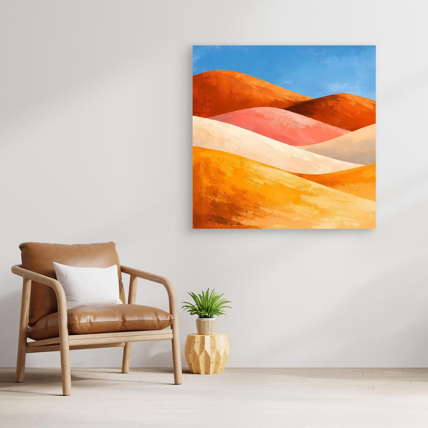 Gerahmtes Leinwandbild mit Dünen in Orange, Rot und Creme, hellbrauner Holzrahmen.