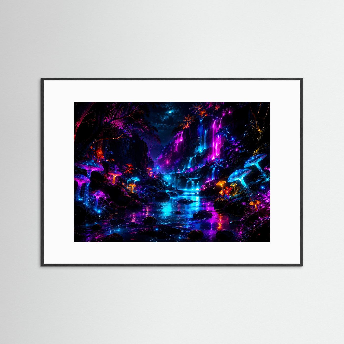 Wandkunst mit neonfarbenem Wasserfall und leuchtenden Pilzen, weißer Rand und schwarzer Rahmen