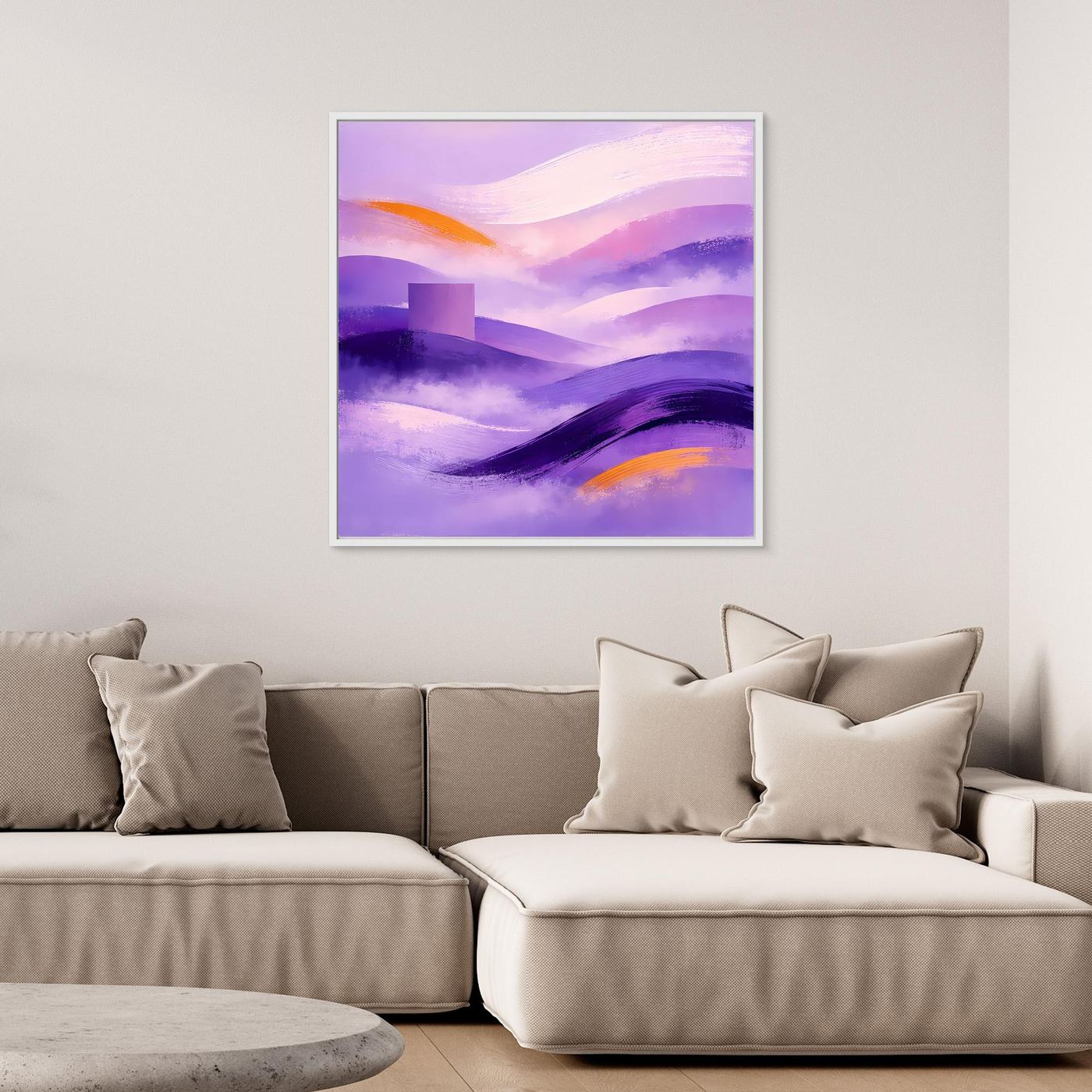 Leinwandbild mit abstrakter Berglandschaft in Lila und Violett, weißer Rahmen