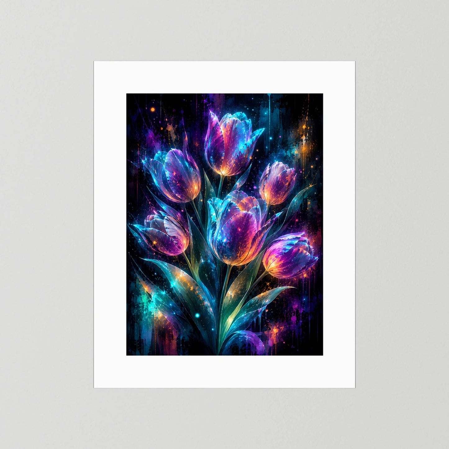 Leuchtende Tulpen in Neonfarben | Magische Blumen Kunst | Poster Hochformat