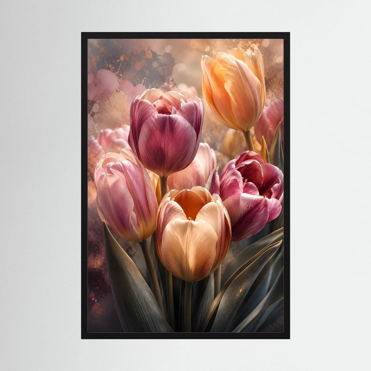 Tulpenposter im schwarzen Holzrahmen, rosa und apricotfarbene Tulpenblüten.