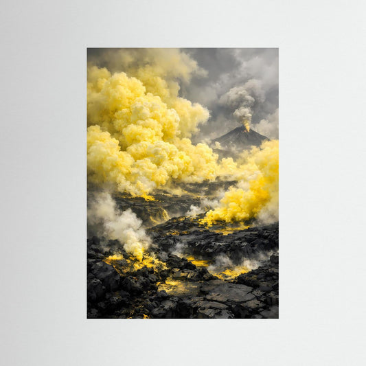 Hochformatiges Vulkanposter mit gelben Rauchwolken und schwarzer Lava, ohne Rahmen