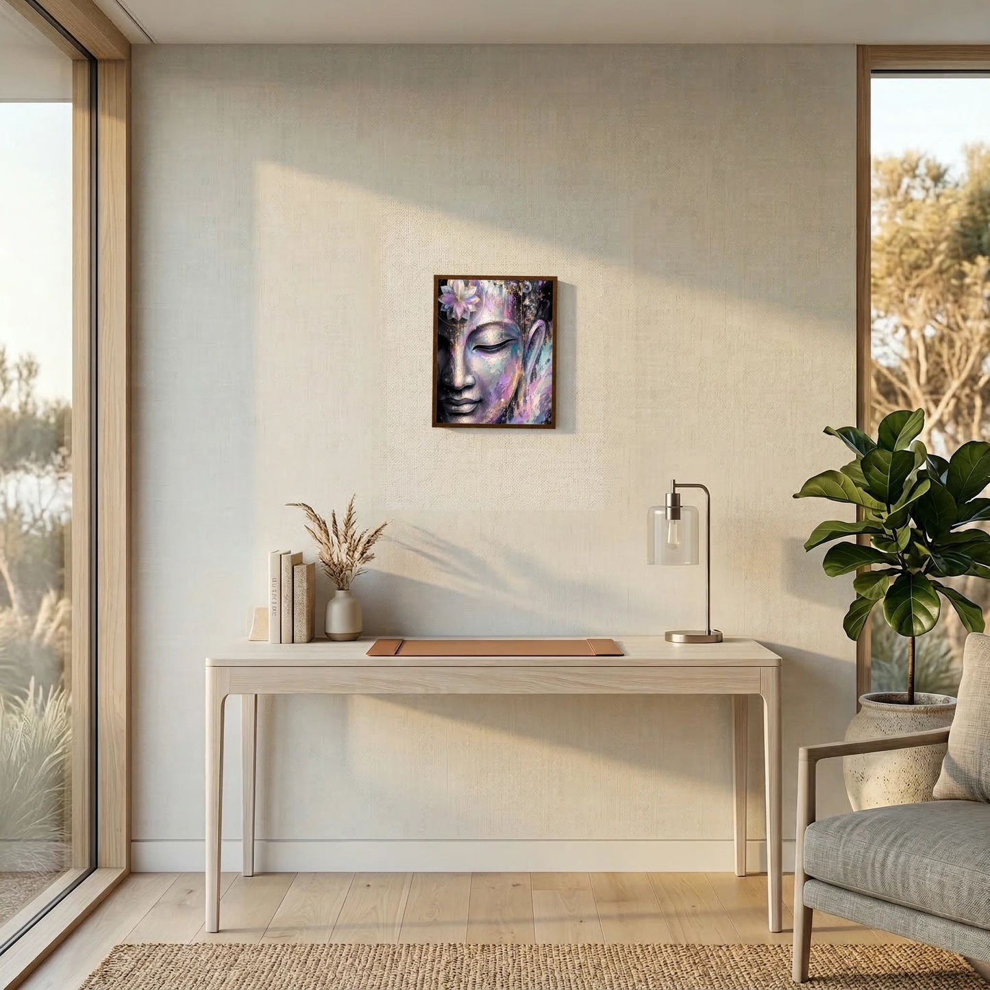 Gerahmtes Kunstposter mit abstraktem Buddha-Gesicht in Pastellfarben und violettem Lotus