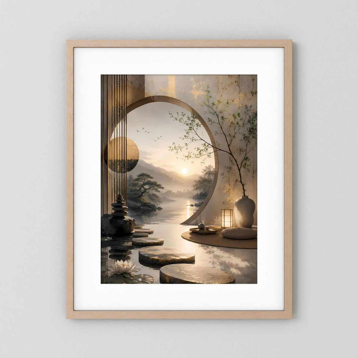 Poster im hellen Holzrahmen mit weißem Rand: asiatische Morgenlandschaft und runder Bogen