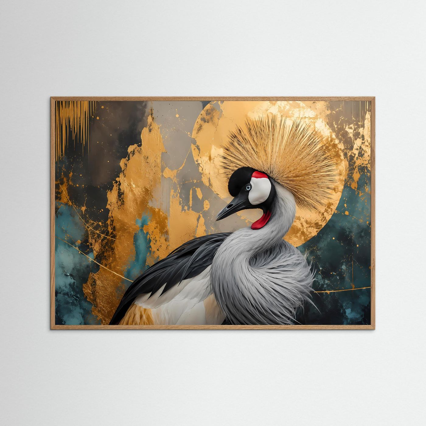 Majestätischer Kronkranich in Gold & Petrol | Modernes Wandbild mit Tier-Motiv & Fluid Art