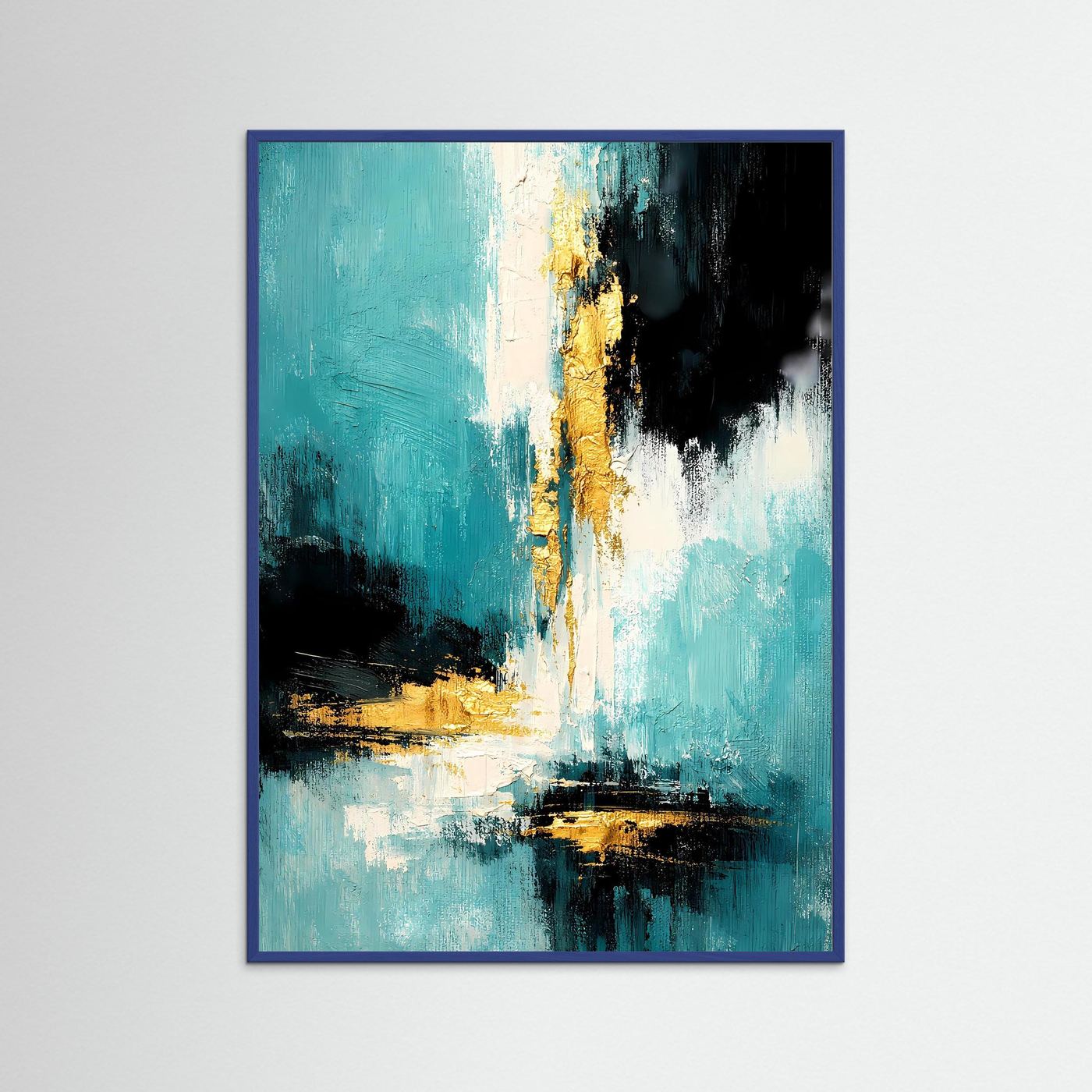 Abstraktes Acrylposter im Hochformat mit blauem Rahmen; türkis, dunkle Flächen, goldene Akzente.