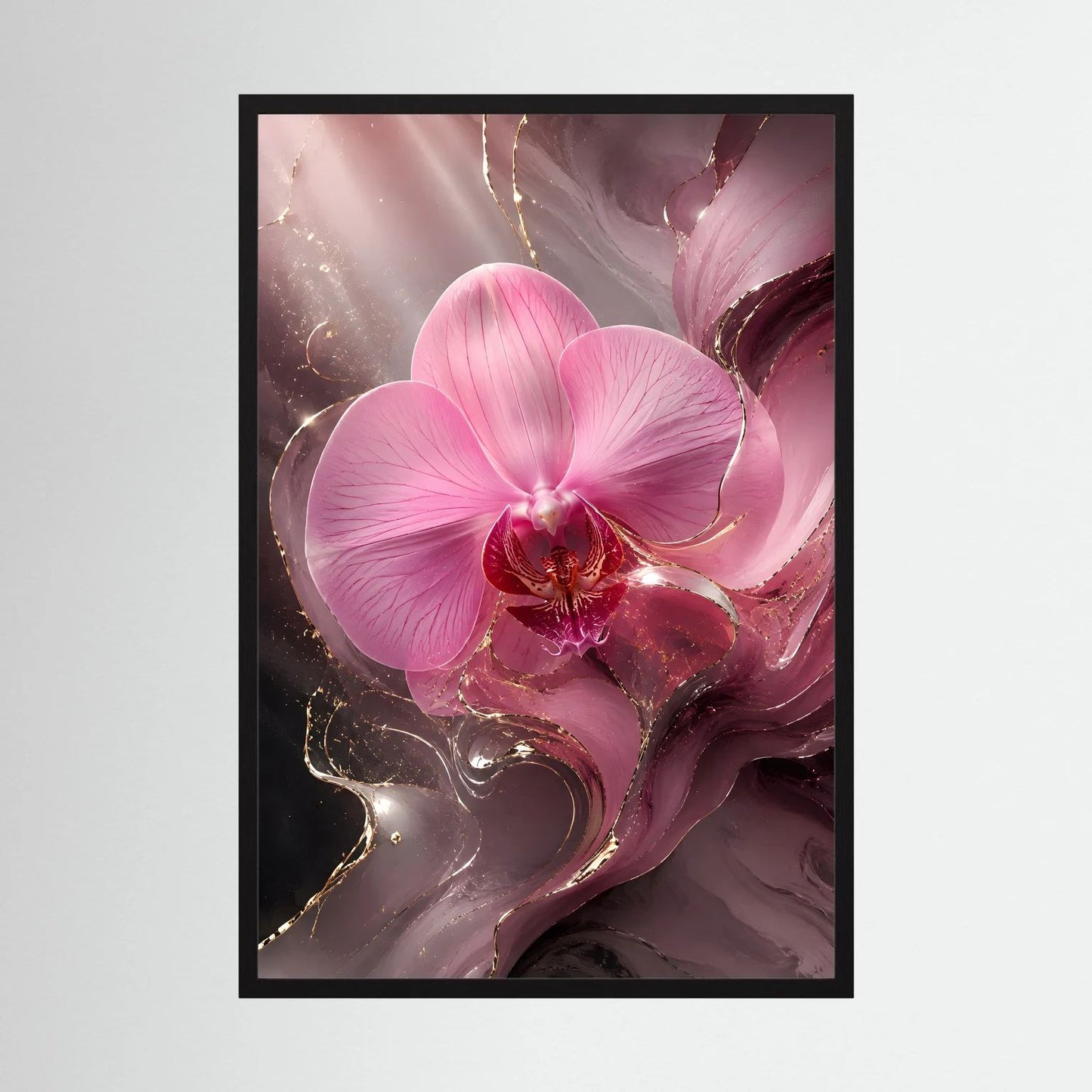 Orchideenposter (Hochformat) mit rosa Blüte und goldenen Akzenten im schwarzen Rahmen