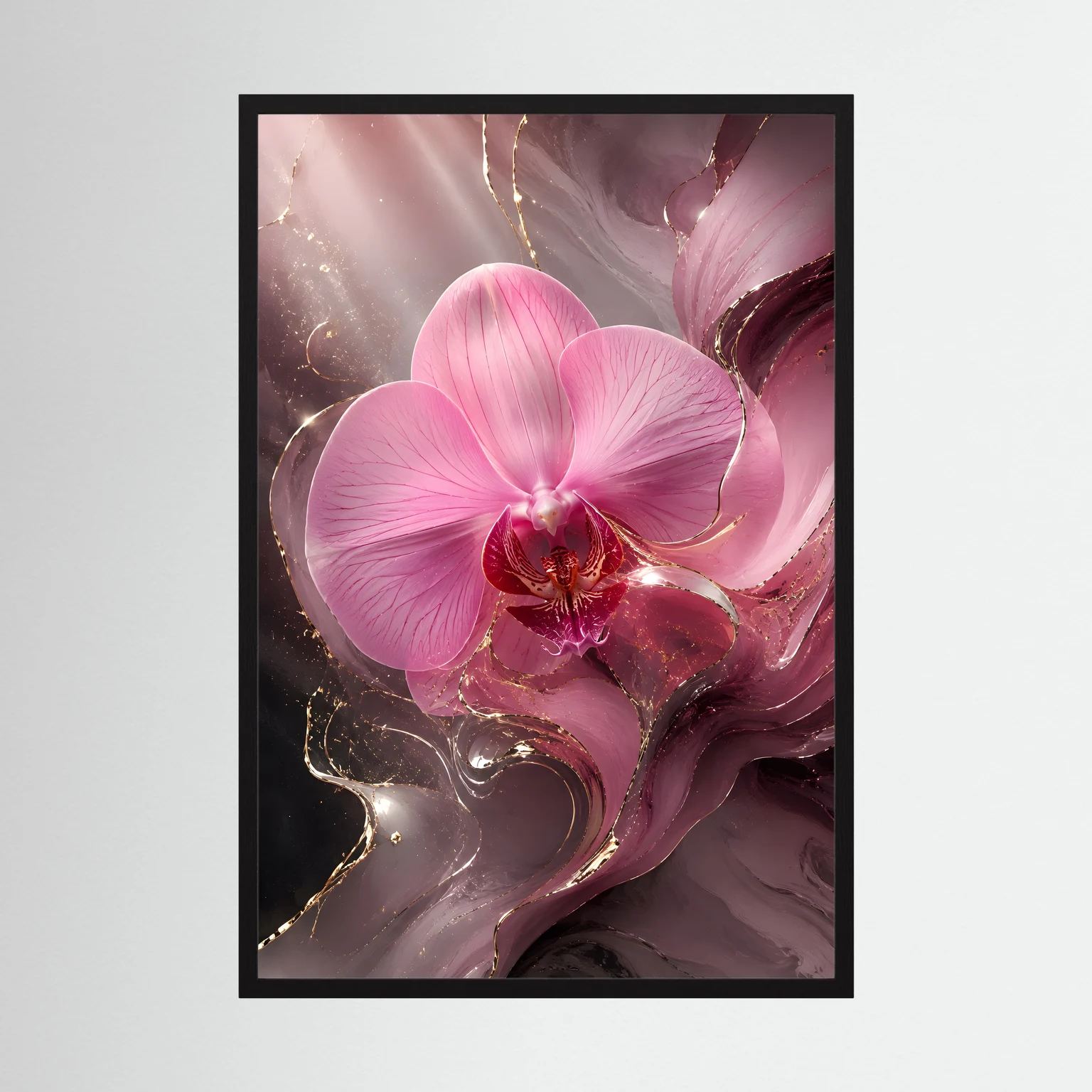 Orchideenposter (Hochformat) mit rosa Blüte und goldenen Akzenten im schwarzen Rahmen