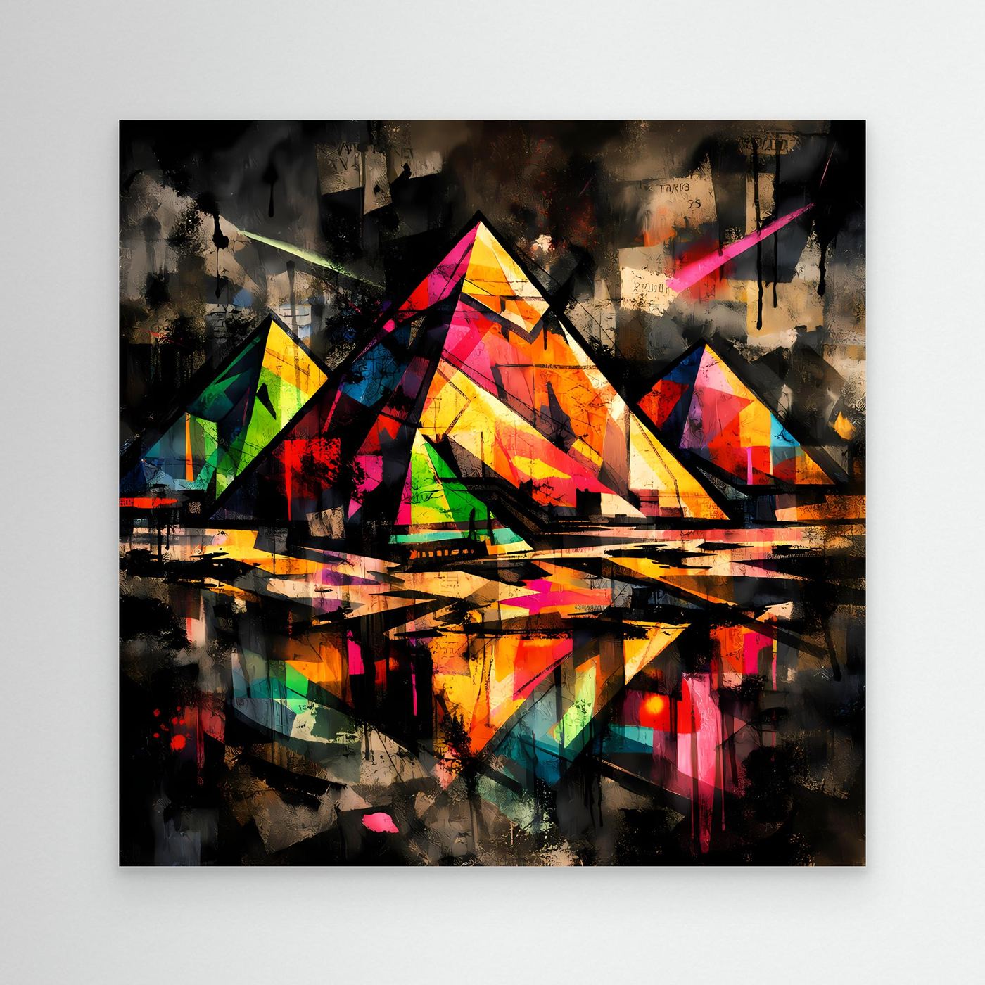 Leinwandbild: abstrakte bunte Pyramiden im Street-Art-Stil, dunkler Hintergrund, schwarzer Rahmen