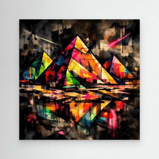 Leinwandbild: abstrakte bunte Pyramiden im Street-Art-Stil, dunkler Hintergrund, schwarzer Rahmen