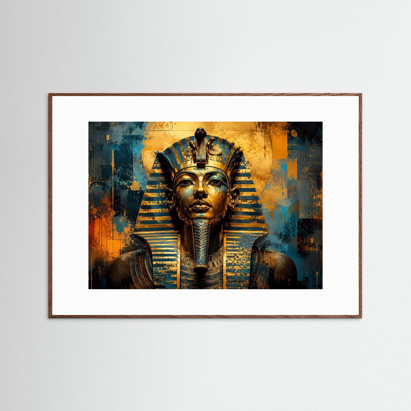 Wandbild: ägyptischer Pharao in Gold und Blau, rechteckig, dunkelbrauner Rahmen